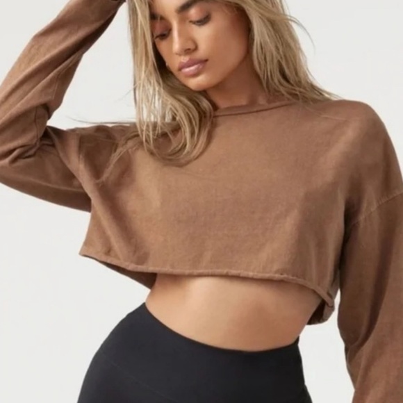 NWT Joah Brown Soho Crop distressed long sleeve top in toast one size - Picture 1 of 9